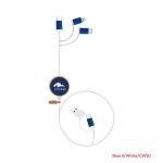 A blue and white charging cable with multiple connectors and a circular logo.