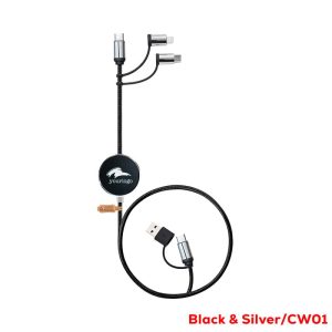 A black and silver LED charging cable with multiple connectors and a retractable design. It includes a logo.