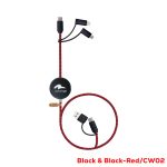 A black and black-red charging cable with multiple connectors, featuring a round hub and a logo.