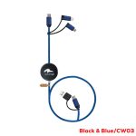 A charging cable in black and blue, featuring multiple connectors and a round hub for easy storage.