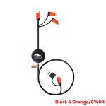 A black and orange charging cable features multiple connectors for fast charging and data sync, with a branded logo.