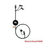 A black and grey fast charge and data sync LED cable with multiple connectors and a circular holder.