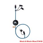A braided charging cable in black and blue, featuring multiple connectors for fast charging and data sync.