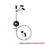 A retractable charging cable in black and white, with multiple connectors and a logo on the main body.