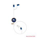 A blue and white fast charge and data sync LED cable with a retractable design and a logo.