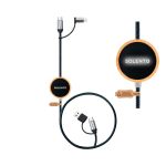 A black and silver charging cable with a retractable design and a round wooden handle featuring a logo.