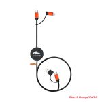 A black and orange charging and data sync LED cable with multiple connectors and a circular design. Features a logo.