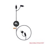 A black and white retractable LED charging cable with multiple connectors and a logo.
