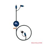 A retractable charging cable in black and navy with a circular logo on one end and multiple connectors.