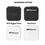 A retractable fast charge cable and stand in black and white, featuring a branding logo on each.