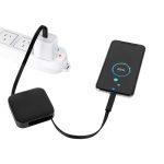 Avola retractable fast charge cable in black, connecting to a smartphone displaying a charging status.