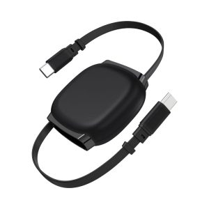 A black retractable charging data cable with USB-C connectors, featuring a compact design and a branding logo.