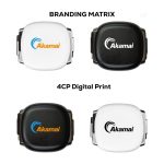 A set of promotional retractable charging data cables in white and black, featuring branding on each side.