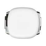 A white retractable charging data cable with a compact design and a silver clasp. It features a logo.