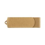 An eco-friendly swivel flash drive in a natural brown colour, featuring a logo on its surface.