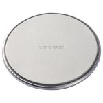 A round, silver fast wireless charger with a smooth surface. The charger features a branding logo in the centre.