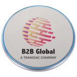 A round wireless charger in white and silver with a logo in the centre. The edge features a blue light ring.