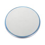 A round, silver-edged wireless charger with a smooth white surface and a blue light ring around the edge.