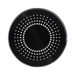 A round black wireless charger with a dotted design in the centre, featuring a shiny, smooth surface.
