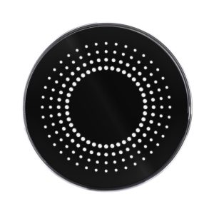 A round black wireless charger with a dotted design in the centre, featuring a shiny, smooth surface.