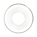 A round, silver wireless charger featuring a dotted design on a white surface. It has a sleek, modern look.