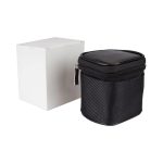 A black travel adaptor case with a textured finish, accompanied by a plain white box.