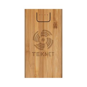 A bamboo wireless power bank in a natural finish with a logo and indicator lights.
