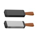 A flash drive in black and silver with a brown leather strap, featuring a logo on the side.