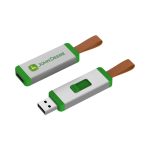 A green and silver flash drive with a brown strap and a logo on the side.