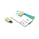 A light green eco-friendly flash drive beside a business card on a white background, featuring a logo.