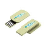 A light green flash drive with a sliding cover and a logo. Features a compact and eco-friendly design.