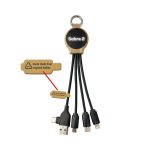 A charging cable holder in wood design with multiple charging cords in black, featuring a logo and a message about recycled materials.