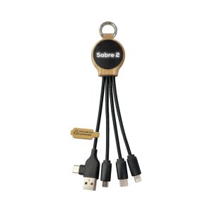 A charging cable with multiple connectors in black, featuring a circular, branded attachment.