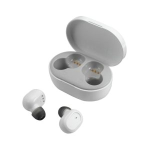 White true wireless stereo earbuds in a charging case, with one earbud placed outside the case.