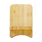 A bamboo wireless charge travel stand in a natural finish, featuring a smooth surface and curved base design.