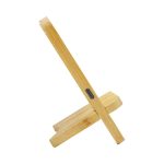 A bamboo wireless charging stand with a sleek design, featuring a charging port on the side.