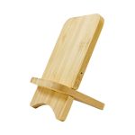 A bamboo wireless charging travel stand with a sleek, minimalist design, featuring a supportive base.