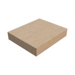 A plain cardboard box with a simple, unmarked exterior, featuring a flat, rectangular shape.