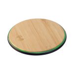 A round bamboo wireless charger with a black circular edge and a glowing green outline.