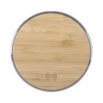 A round bamboo wireless charger featuring a silver border and a subtle logo at the bottom.