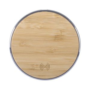 A round bamboo wireless charger featuring a silver border and a subtle logo at the bottom.