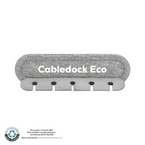 A grey cable organiser with multiple slots for tidying cables, made from recycled polyester. It features a branding logo.