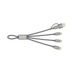 A charging cable with multiple connectors in grey, featuring a braided design and a logo.