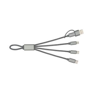 A charging cable with multiple connectors in grey, featuring a braided design and a logo.