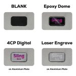 A variety of promotional plate designs featuring an epoxy dome, digital printing, and laser engraving on aluminium.