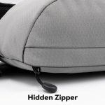 A grey Sling Eco Bag featuring a textured surface and a hidden zipper detail. Includes a logo on the side.