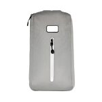 A grey eco bag with a zippered front pocket and a simple design. It features a logo on the surface.