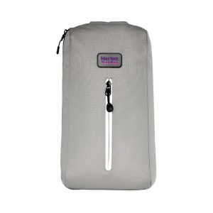 A grey Sling Eco Bag with a zippered compartment and a small logo at the top.