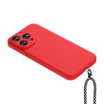 A red phone wallet with a black and white patterned strap, featuring a branding logo.