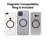 Three smartphones in varying shades, each featuring a circular magnetic compatibility ring on the back. Each phone has a logo.